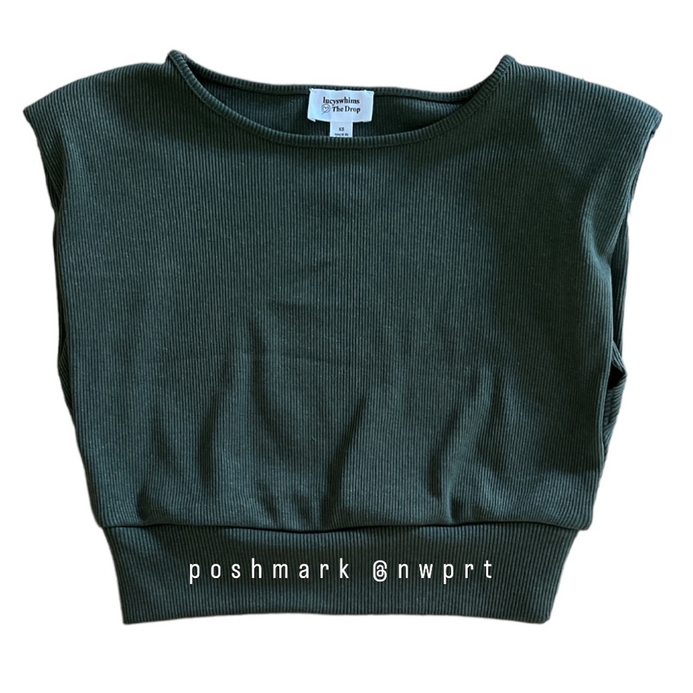 THE DROP @LucysWhims Rifle Green Crop Top Tee Padded Shoulder XS Amazon - Picture 3 of 10